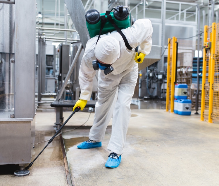 An individual in protective gear uses high-quality equipment for thorough pest elimination in a facility.